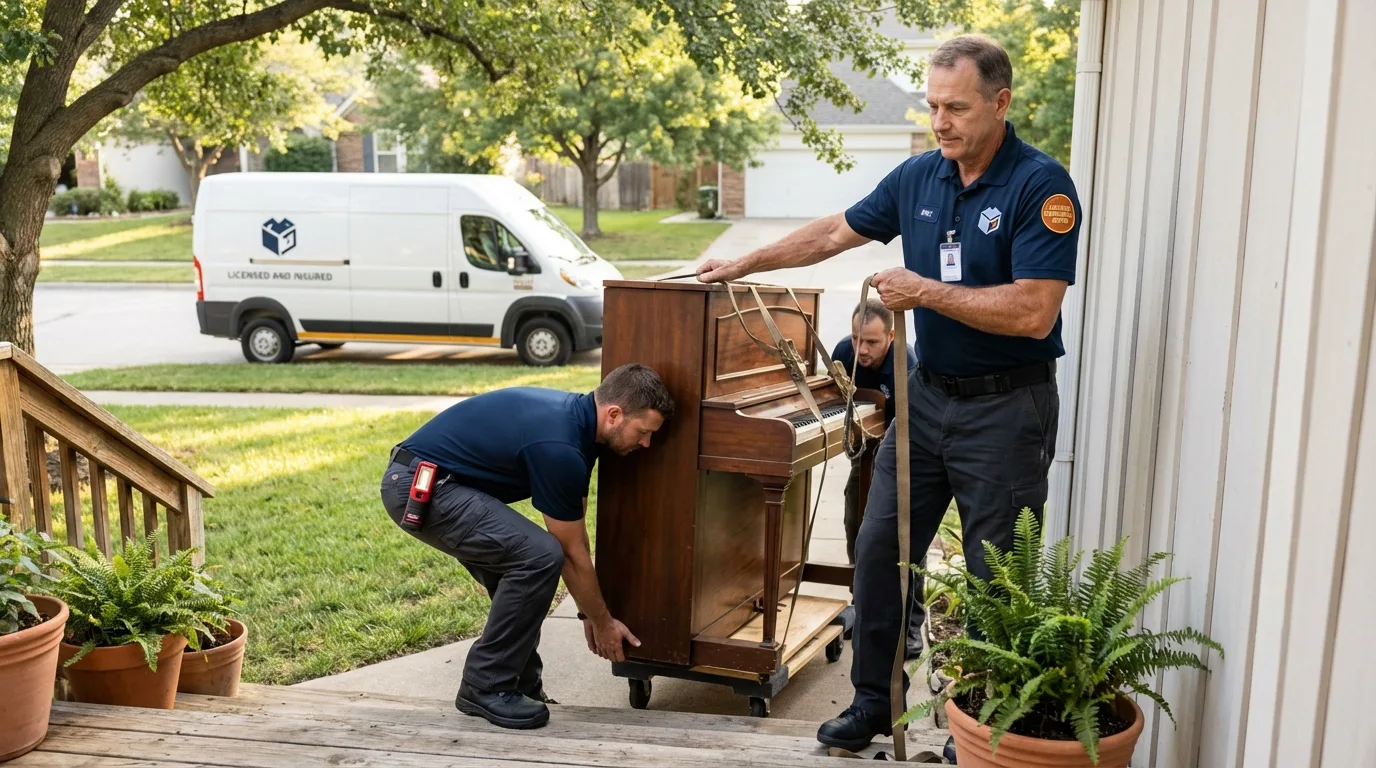 Licensed piano movers securing grand piano in Stowe, VT