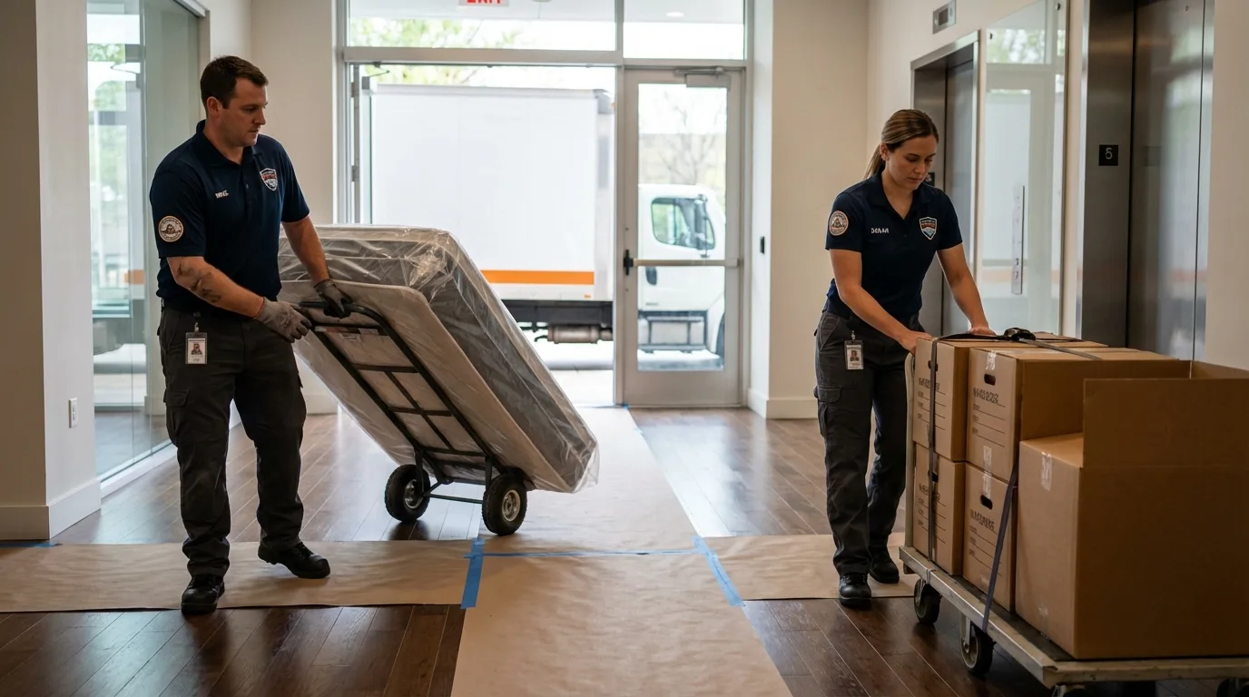 Professional apartment movers loading elevator in Stowe, VT