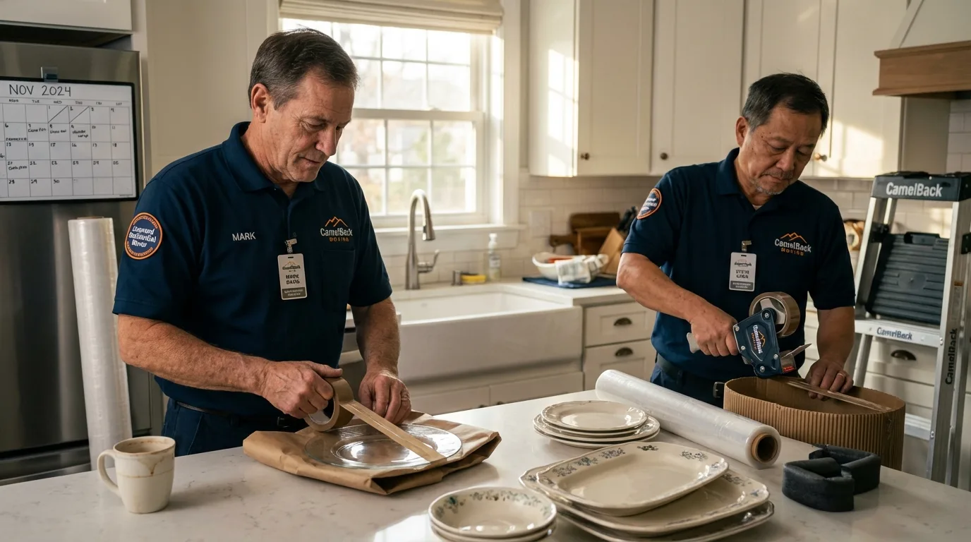 Professional crew packing kitchen dishware in Stowe, VT